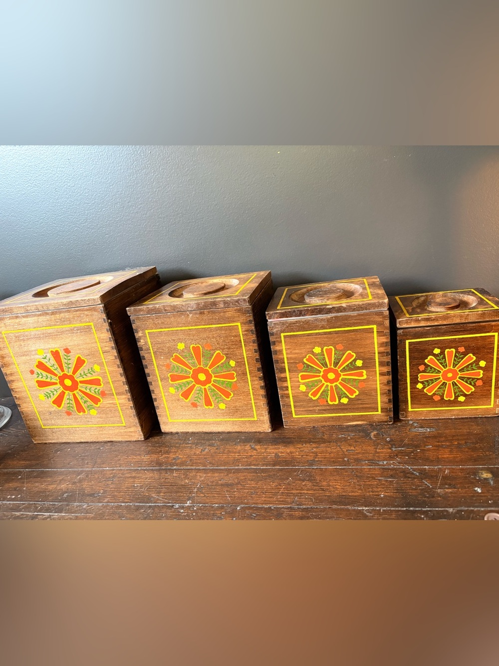 Vintage Mid Century Wood Canister Set 4pc Hand Painted Daisy Flower 1970s Japan